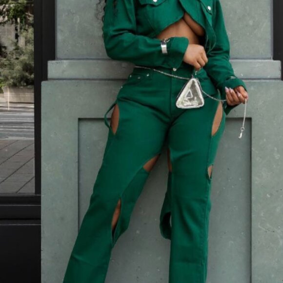 Maniere De Voir - Green Denim - Cutout Jacket and Jeans Set💚👖 - Picture 6 of 6